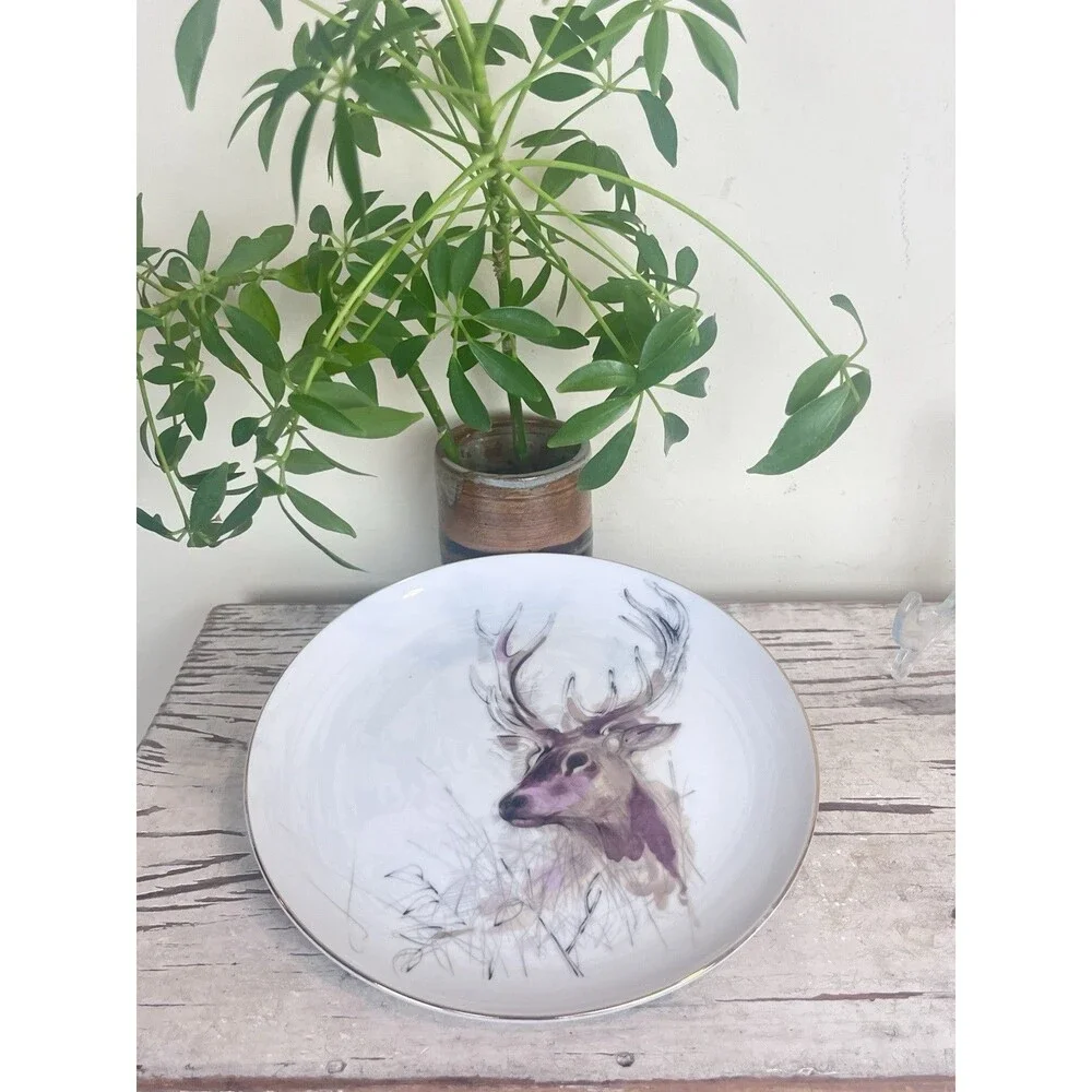 Vintage 1976 Woodland Haven ENESCO Buck Deer Gold Rimmed Dessert Plate 8” Retro